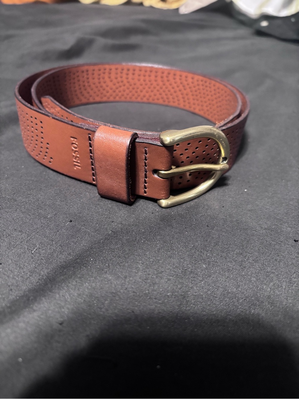 Fossil Men's Brown Perforated Leather Belt with Brass-Tone Buckle